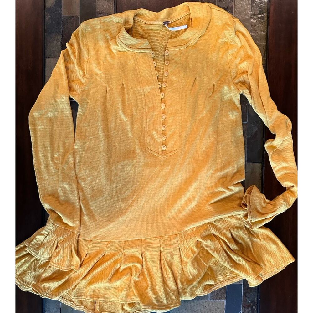 FREE PEOPLE Summer Struttin Mini Dress Sz XS Bell Cuff Waffle Ruffle Hem Yellow - Picture 3 of 8